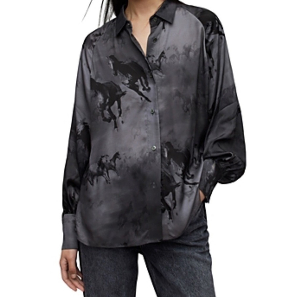 AllSaints Oana Horse Print Shirt Long Sleeve Black Size 4 Button Up